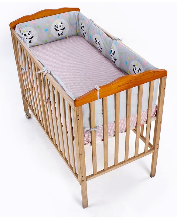 Babyhug 100% Cotton Cot Bumper Panda Print Regular - Grey (Cot not Included)| Protective Padding| Soft & Cozy| Washable| Easy to Assemble| Compact Folding & Storage| Prevents Bumping into Sides