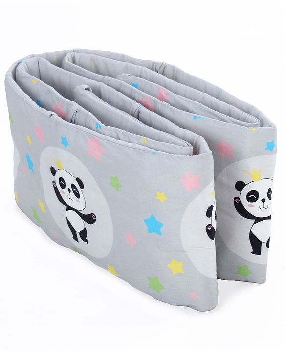Babyhug 100% Cotton Cot Bumper Panda Print Regular - Grey (Cot not Included)| Protective Padding| Soft & Cozy| Washable| Easy to Assemble| Compact Folding & Storage| Prevents Bumping into Sides