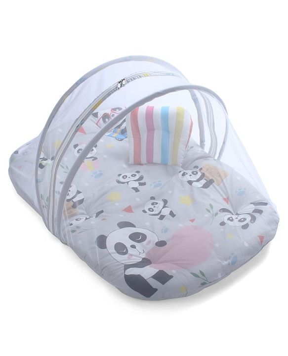 Babyhug Cotton Mosquito Net With Mattress Panda Print - Grey| Soft and Comfortable| Easy Access| Foldable & Travel Friendly| New Born Gifting Option| Use on Floor Cribs Cots or Cradle
