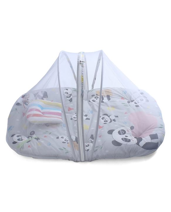 Babyhug Cotton Mosquito Net With Mattress Panda Print - Grey| Soft and Comfortable| Easy Access| Foldable & Travel Friendly| New Born Gifting Option| Use on Floor Cribs Cots or Cradle
