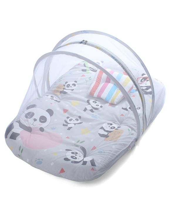 Babyhug Cotton Mosquito Net With Mattress Panda Print - Grey| Soft and Comfortable| Easy Access| Foldable & Travel Friendly| New Born Gifting Option| Use on Floor Cribs Cots or Cradle