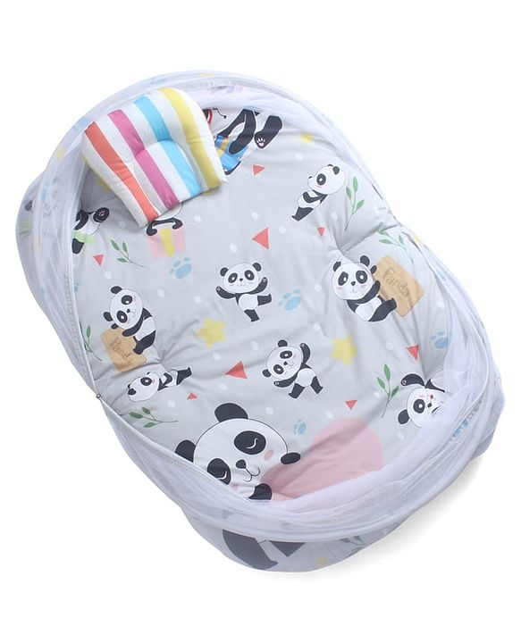 Babyhug Cotton Mosquito Net With Mattress Panda Print - Grey| Soft and Comfortable| Easy Access| Foldable & Travel Friendly| New Born Gifting Option| Use on Floor Cribs Cots or Cradle