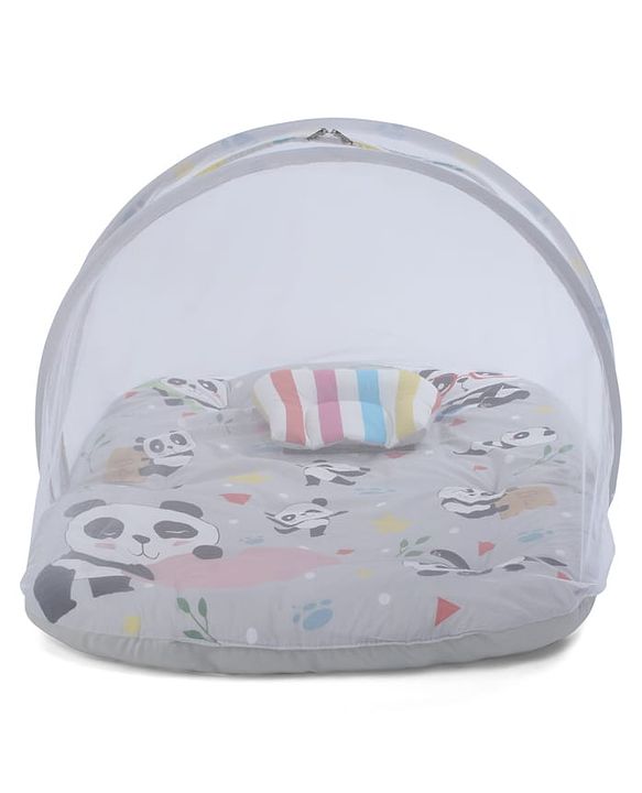 Babyhug Cotton Mosquito Net With Mattress Panda Print - Grey| Soft and Comfortable| Easy Access| Foldable & Travel Friendly| New Born Gifting Option| Use on Floor Cribs Cots or Cradle