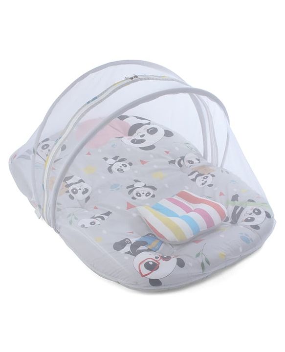 Babyhug Cotton Mosquito Net With Mattress Panda Print - Grey| Soft and Comfortable| Easy Access| Foldable & Travel Friendly| New Born Gifting Option| Use on Floor Cribs Cots or Cradle