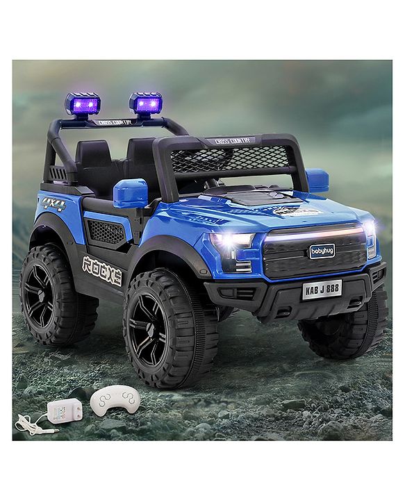 Babyhug 4x4 Battery Operated Ride on Jeep with Music & LED Lights - Blue| Rechargeable Battery| Openable Doors| Built-in Music & AUX| Remote Control| Easy to Assemble|Forward & Reverse