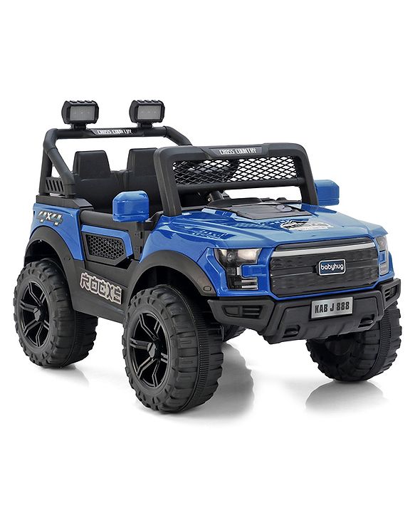 Babyhug 4x4 Battery Operated Ride on Jeep with Music & LED Lights - Blue| Rechargeable Battery| Openable Doors| Built-in Music & AUX| Remote Control| Easy to Assemble|Forward & Reverse