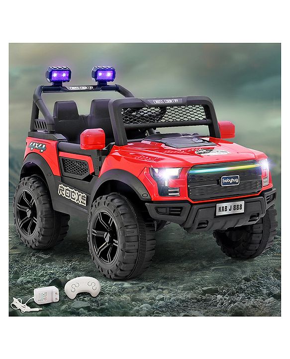 Babyhug 4x4 Battery Operated Ride on Jeep with Music & LED Lights - Red| Rechargeable Battery| Openable Doors| Built-in Music & AUX| Remote Control| Easy to Assemble|Forward & Reverse