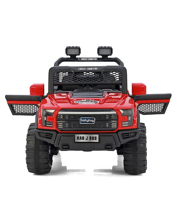 Babyhug 4x4 Battery Operated Ride on Jeep with Music & LED Lights - Red| Rechargeable Battery| Openable Doors| Built-in Music & AUX| Remote Control| Easy to Assemble|Forward & Reverse