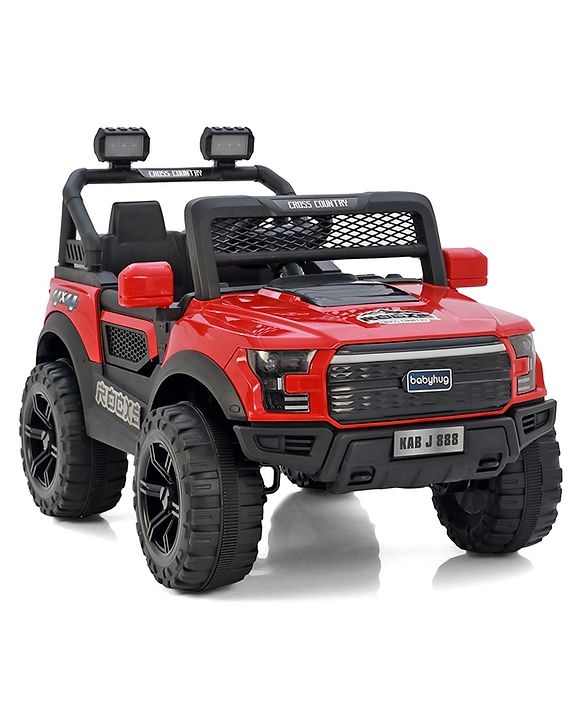 Babyhug 4x4 Battery Operated Ride on Jeep with Music & LED Lights - Red| Rechargeable Battery| Openable Doors| Built-in Music & AUX| Remote Control| Easy to Assemble|Forward & Reverse