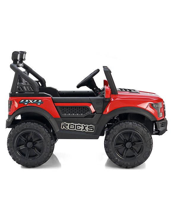 Babyhug 4x4 Battery Operated Ride on Jeep with Music & LED Lights - Red| Rechargeable Battery| Openable Doors| Built-in Music & AUX| Remote Control| Easy to Assemble|Forward & Reverse