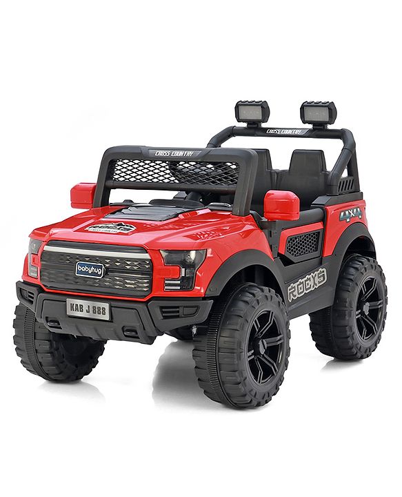Babyhug 4x4 Battery Operated Ride on Jeep with Music & LED Lights - Red| Rechargeable Battery| Openable Doors| Built-in Music & AUX| Remote Control| Easy to Assemble|Forward & Reverse
