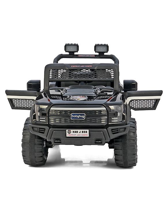 Babyhug 4x4 Battery Operated Ride on Jeep with Music & LED Lights - Black| Rechargeable Battery| Openable Doors| Built-in Music & AUX| Remote Control| Easy to Assemble| Forward & Reverse
