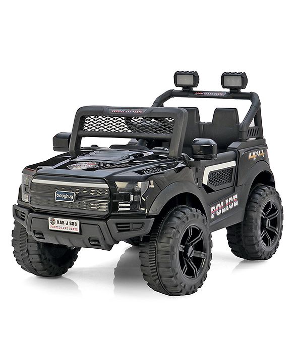 Babyhug 4x4 Battery Operated Ride on Jeep with Music & LED Lights - Black| Rechargeable Battery| Openable Doors| Built-in Music & AUX| Remote Control| Easy to Assemble| Forward & Reverse