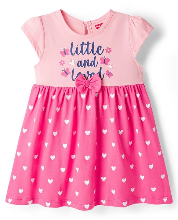 Babyhug Single Jersey Knit Half Sleeves Heart & Text Printed Frock with Bloomer & Bow Applique - Pink