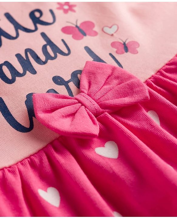 Babyhug Single Jersey Knit Half Sleeves Heart & Text Printed Frock with Bloomer & Bow Applique - Pink