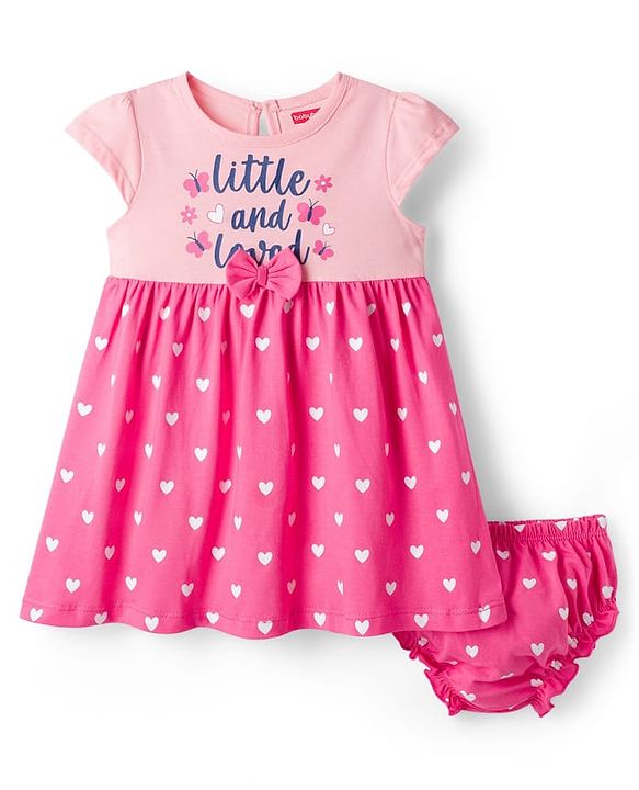 Babyhug Single Jersey Knit Half Sleeves Heart & Text Printed Frock with Bloomer & Bow Applique - Pink