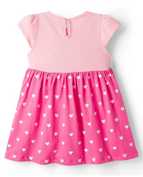 Babyhug Single Jersey Knit Half Sleeves Heart & Text Printed Frock with Bloomer & Bow Applique - Pink