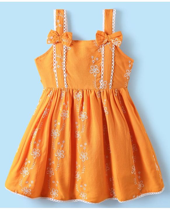 Babyhug Cotton Woven Frock & Half Sleeves Ribbed Inner Tee With Floral Embroidery & Bow Applique - Orange & White