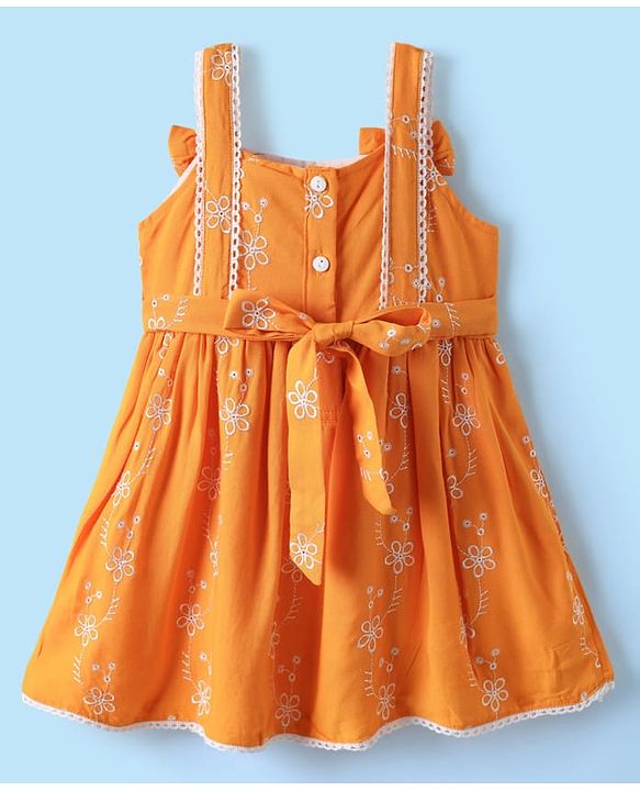 Babyhug Cotton Woven Frock & Half Sleeves Ribbed Inner Tee With Floral Embroidery & Bow Applique - Orange & White