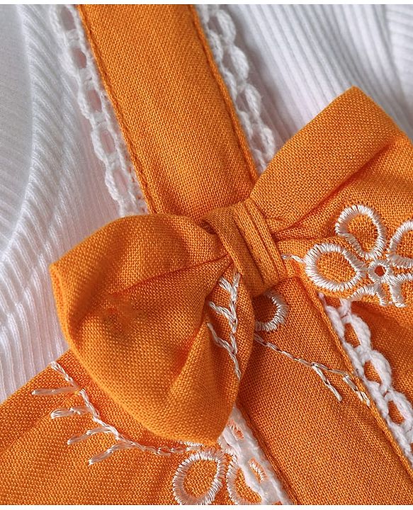 Babyhug Cotton Woven Frock & Half Sleeves Ribbed Inner Tee With Floral Embroidery & Bow Applique - Orange & White