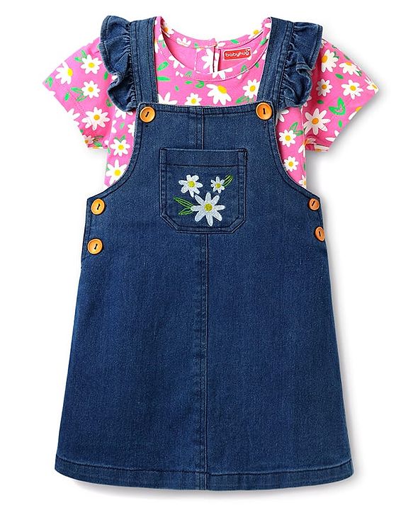 Babyhug Cotton Woven Half Sleeves Floral Printed Frock With Inner Tee - Navy Blue