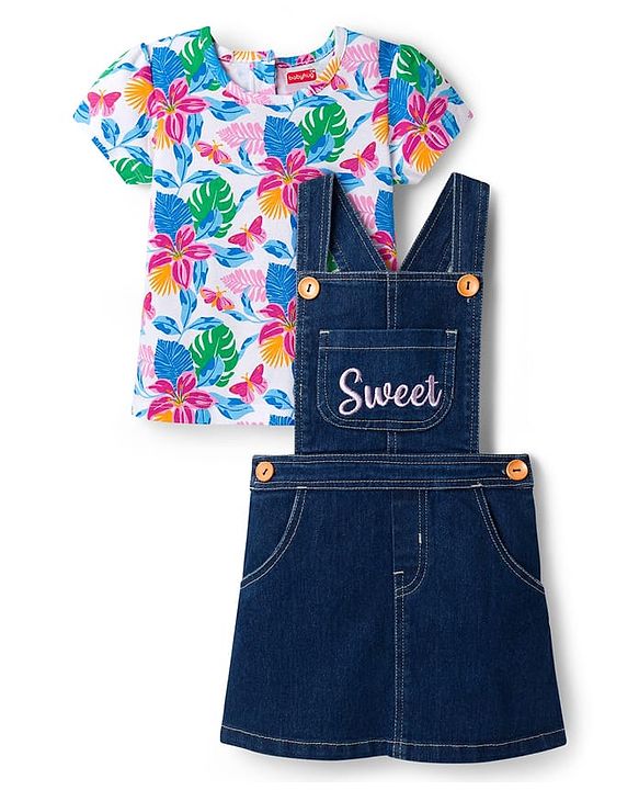 Babyhug Cotton Woven Frock with Half Sleeves Inner Tee - Blue