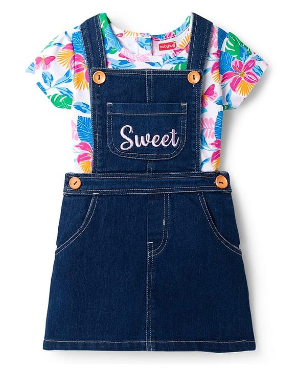 Babyhug Cotton Woven Frock with Half Sleeves Inner Tee - Blue
