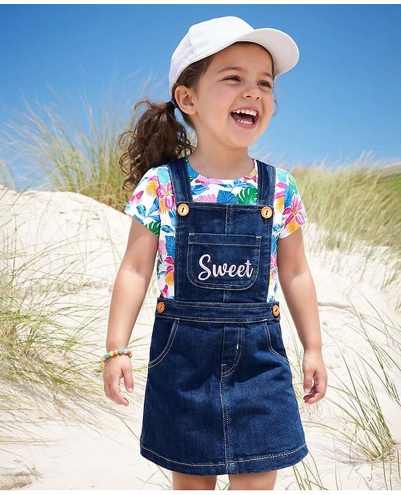 Babyhug Cotton Woven Frock with Half Sleeves Inner Tee - Blue