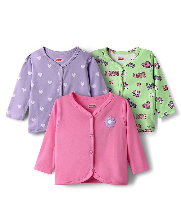 Babyhug 100% Cotton Interlock Knit Full Sleeves Antibacterial Front Open Jhablas with Heart & Floral Print Pack of 3 - Pink Lilac& Light Green