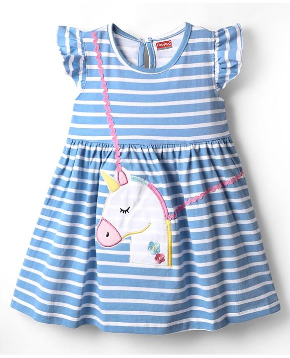 Babyhug Single Jersey Knit Frill Sleeves Frock with Stripes & Unicorn Patch & Embroidery - Blue