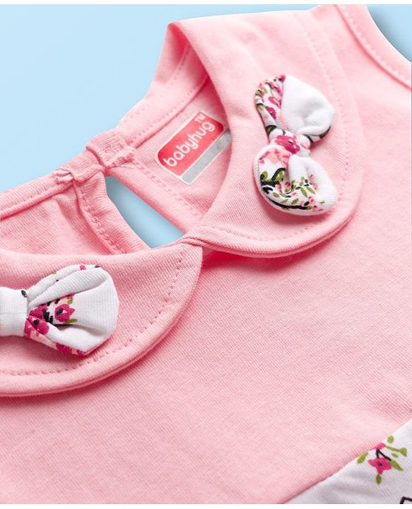 Babyhug Single Jersey Knit Sleeveless Frock With Floral Print & Bow Applique - Pink & White