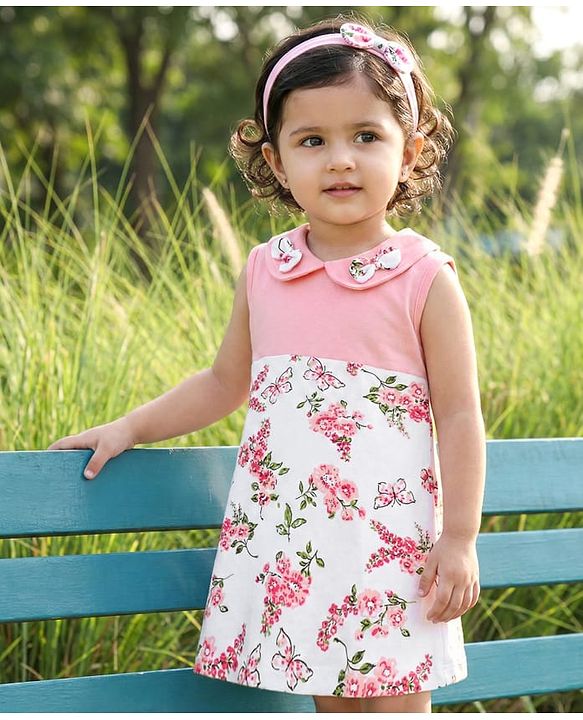 Babyhug Single Jersey Knit Sleeveless Frock With Floral Print & Bow Applique - Pink & White