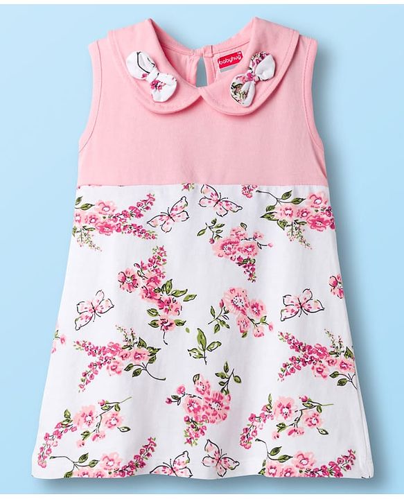 Babyhug Single Jersey Knit Sleeveless Frock With Floral Print & Bow Applique - Pink & White