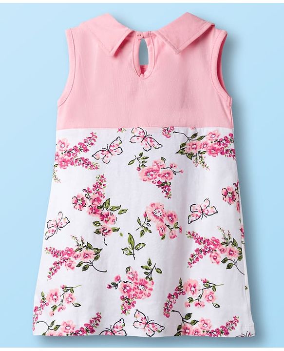 Babyhug Single Jersey Knit Sleeveless Frock With Floral Print & Bow Applique - Pink & White