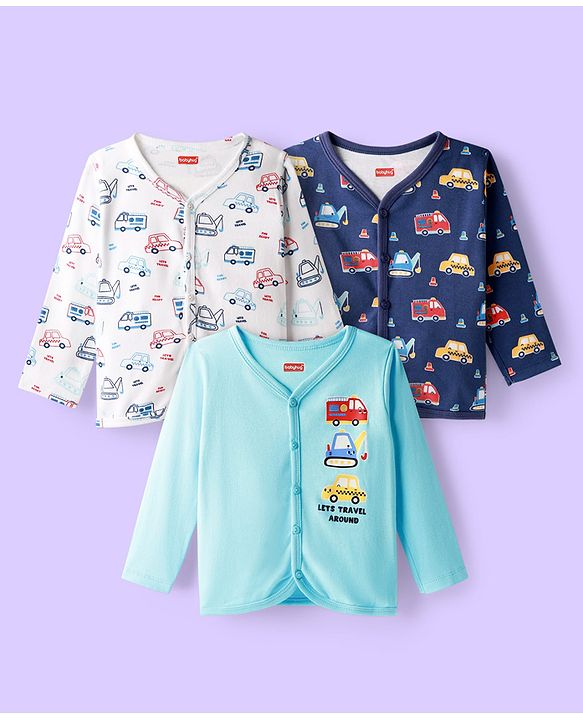 Babyhug 100% Cotton Knit Full Sleeves Antibacterial Front Open Vest with Vehicle Print Pack of 3 - Blue & White