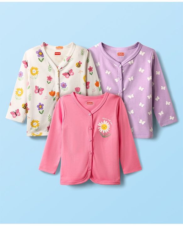 Babyhug 100% Cotton Interlock Knit Full Sleeves Antibacterial Front Open Jhablas with Floral & Butterfly Print Pack of 3 - Lilac White & Pink