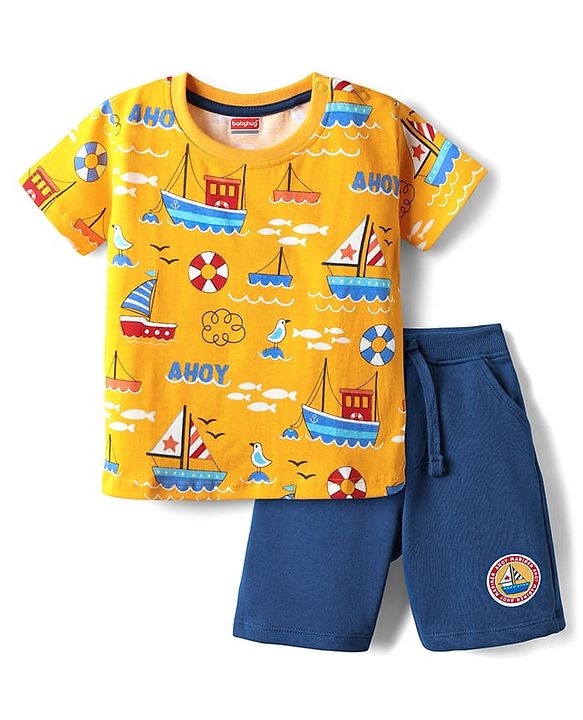 Babyhug Single Jersey Knit Half Sleeves T-Shirt & Shorts Set with Nautical Print - Yellow & Navy Blue