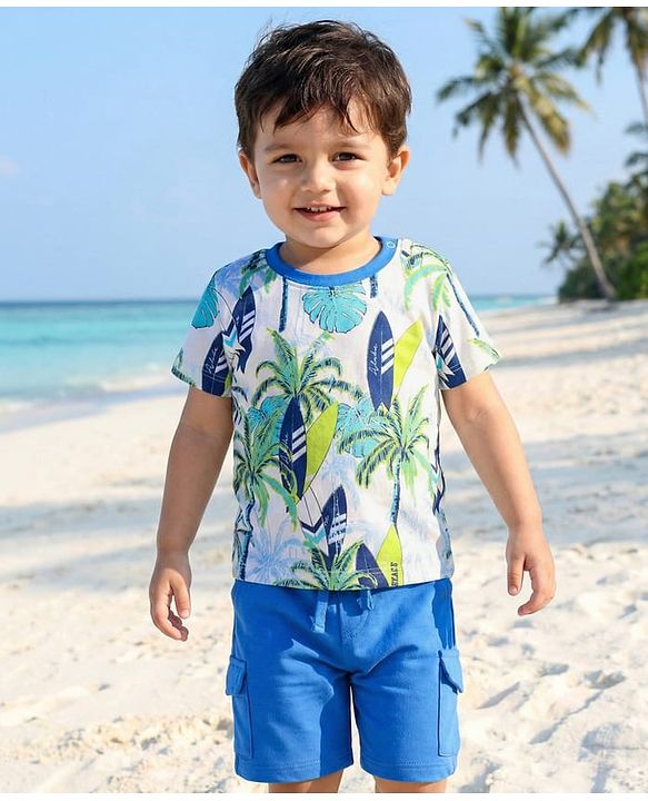 Babyhug 100% Cotton Half Sleeves Beach Theme Printed T-Shirt & Short Set - Blue