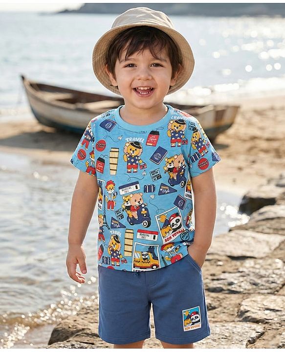 Babyhug Single Jersey Knit Half Sleeves Travel Theme Printed T-Shirt & Shorts Set - Blue