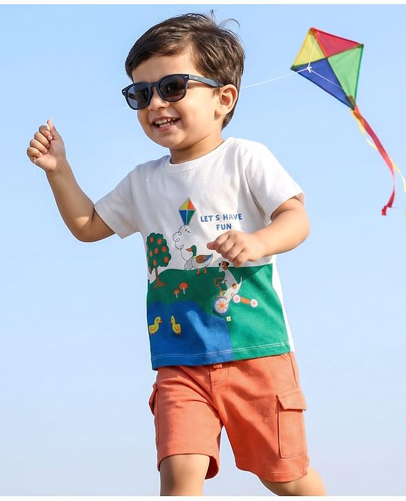 Babyhug Single Jersey Knit Half Sleeves T-Shirt & Shorts Set with Animal Print - Orange & White