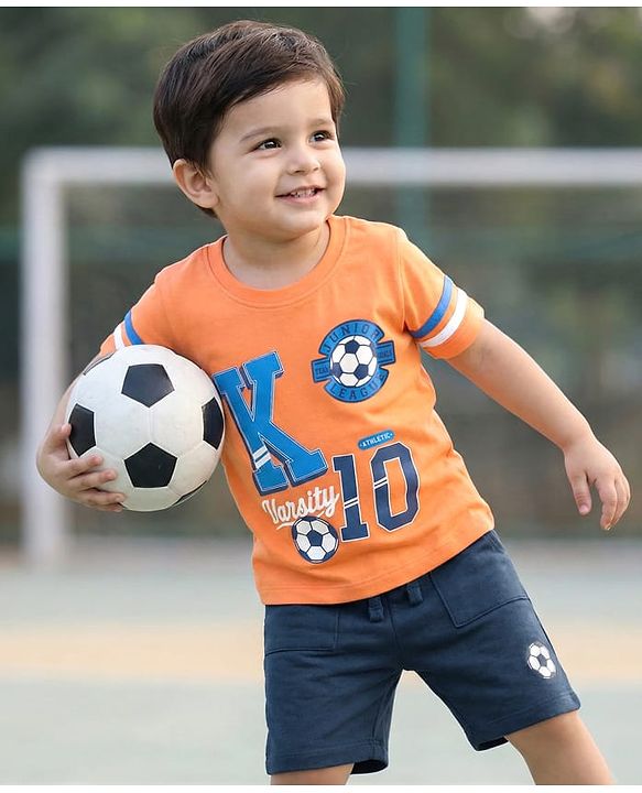Babyhug Single Jersey Knit Half Sleeves T-Shirt & Shorts Set with Game Text Print - Orange & Navy Blue