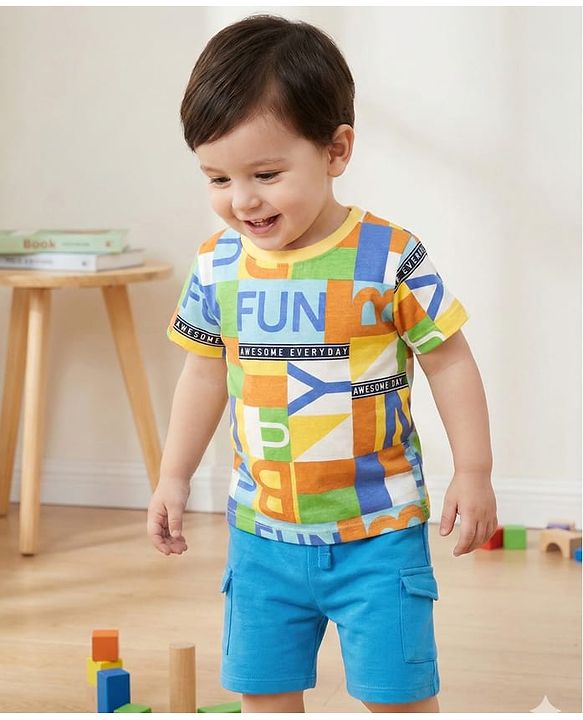 Babyhug Single Jersey Knit Half Sleeves T-Shirt & Shorts Set with Fun Text Print - Blue & Yellow