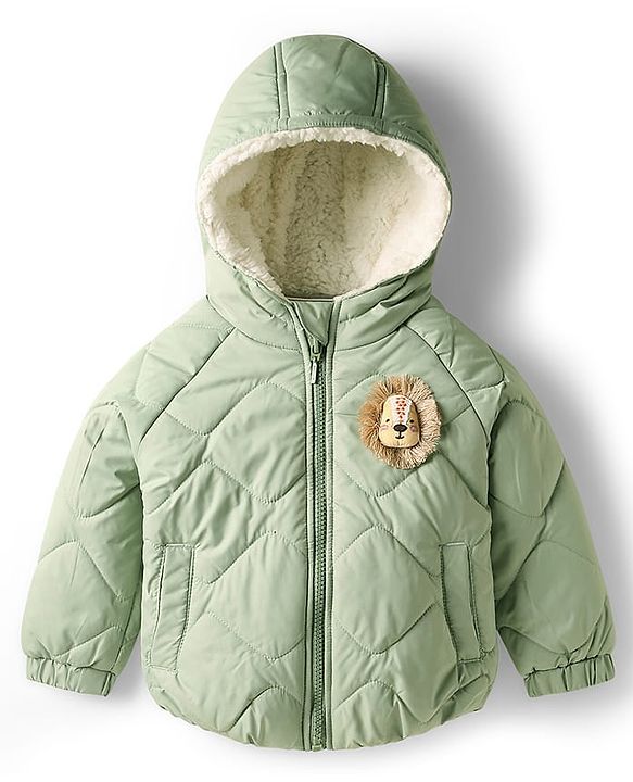 Babyhug Woven Full Raglan Sleeves Hooded Quilted Jacket with Applique & Kangaroo Pocket - Olive Green