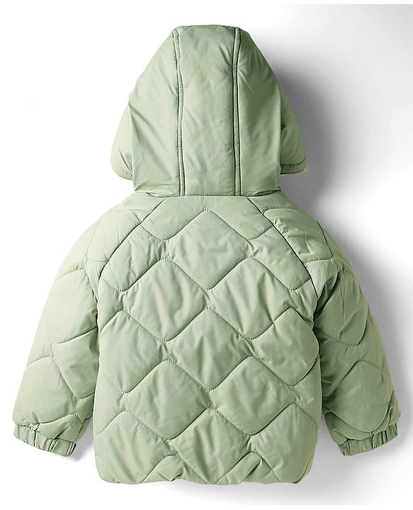 Babyhug Woven Full Raglan Sleeves Hooded Quilted Jacket with Applique & Kangaroo Pocket - Olive Green