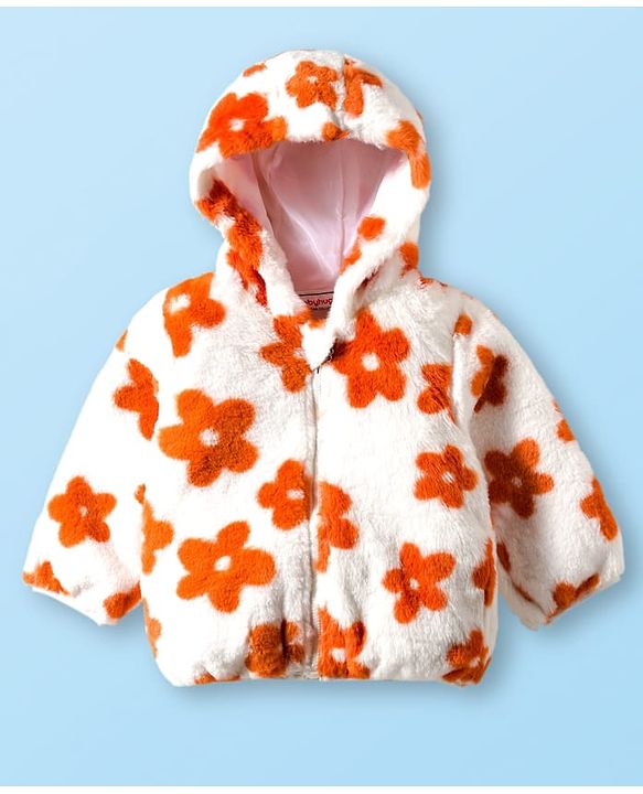 Babyhug Fur Woven Full Sleeves Hooded Fur Winter Jacket with Floral Print - White