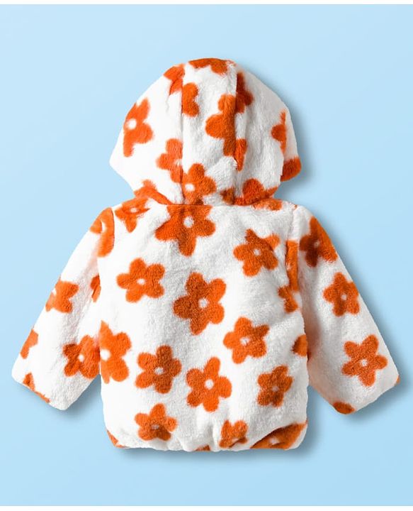 Babyhug Fur Woven Full Sleeves Hooded Fur Winter Jacket with Floral Print - White