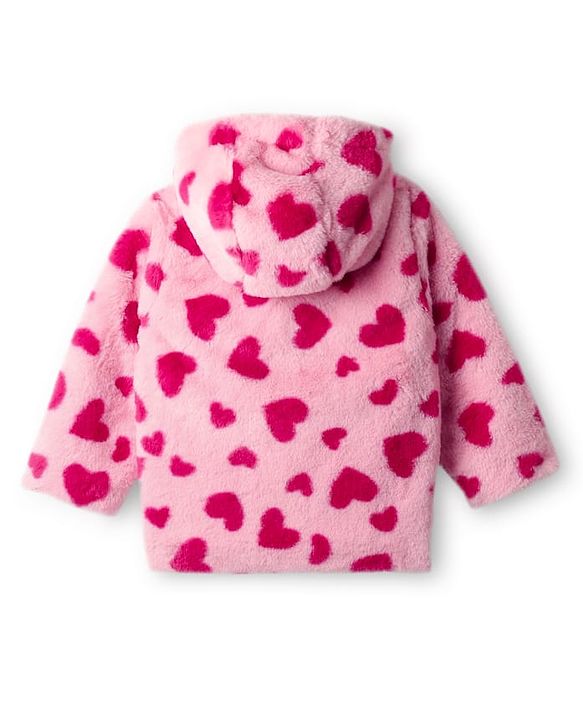 Babyhug Woven Full Sleeves Hooded Winter Fur Jacket with Heart Print - Pink