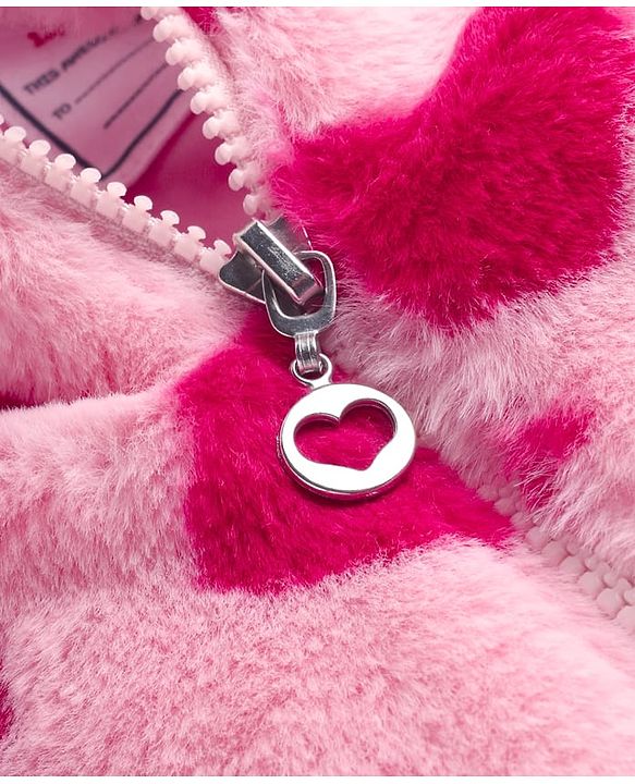 Babyhug Woven Full Sleeves Hooded Winter Fur Jacket with Heart Print - Pink