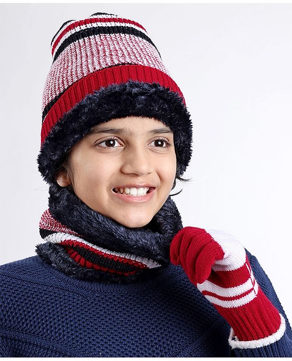 Pine Kids Woollen Cap Gloves and Muffler Set with Stripes Design Red & White - Diameter 18 cm
