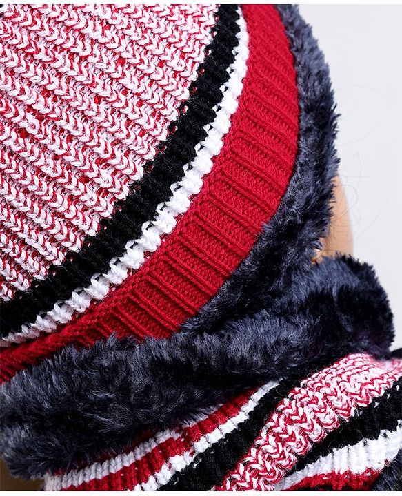 Pine Kids Woollen Cap Gloves and Muffler Set with Stripes Design Red & White - Diameter 18 cm